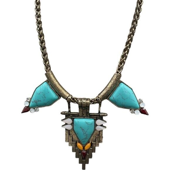 Azteca Native Necklace Gold Silver Tone Turquoise Cabochon Wire Wrap Bracelet - Picture 2 of 6